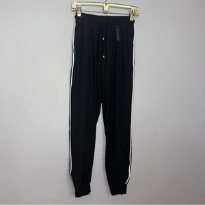 C-Mode Black Sweatpants White Stripes Elastic Waistband Drawstring Size S/M NWOT